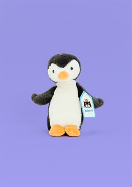 Bashful Penguin is dressed for the snow ball in a gorgeous charcoal tuxedo. With an ice-cream tummy, happy heart face, tangerine beak and curvy flippers, this flapper is so flamboyant! Waddling along on chunky orange feet, Bashful Penguin's the cutie of the colony